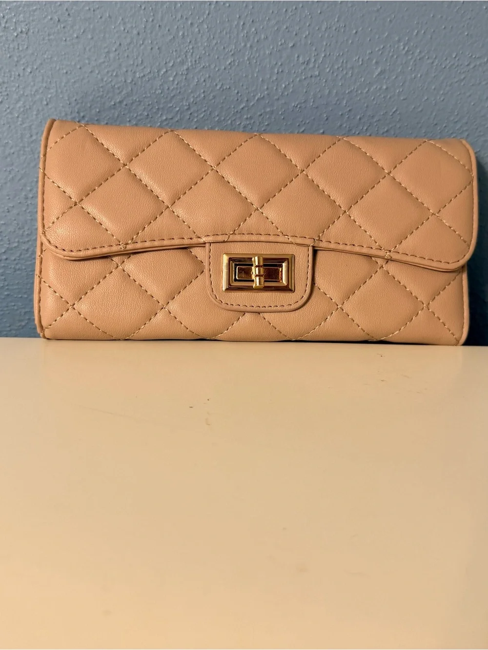 Quilted Tan Women's Wallet Clutch with Gold-Tone Turn Lock